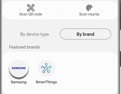 SmartThings app screen showing the brand selection list for Samsung devices.