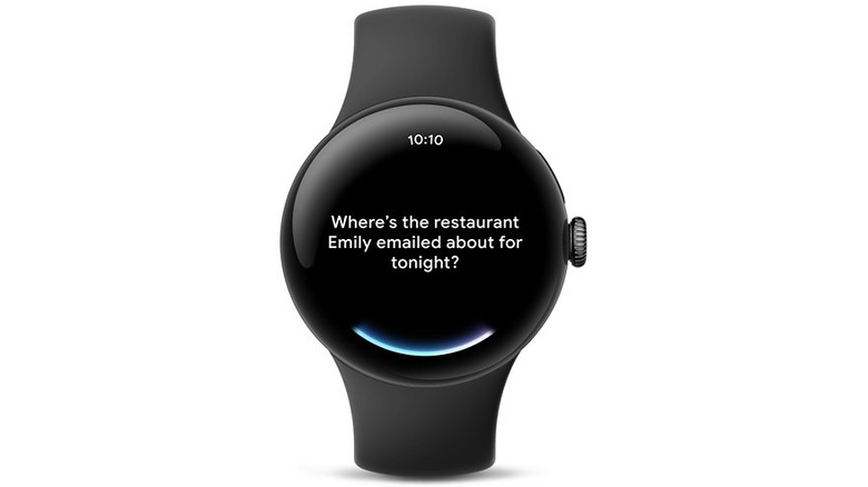 Close-up of a smartwatch screen showing a Google Gemini voice command query.