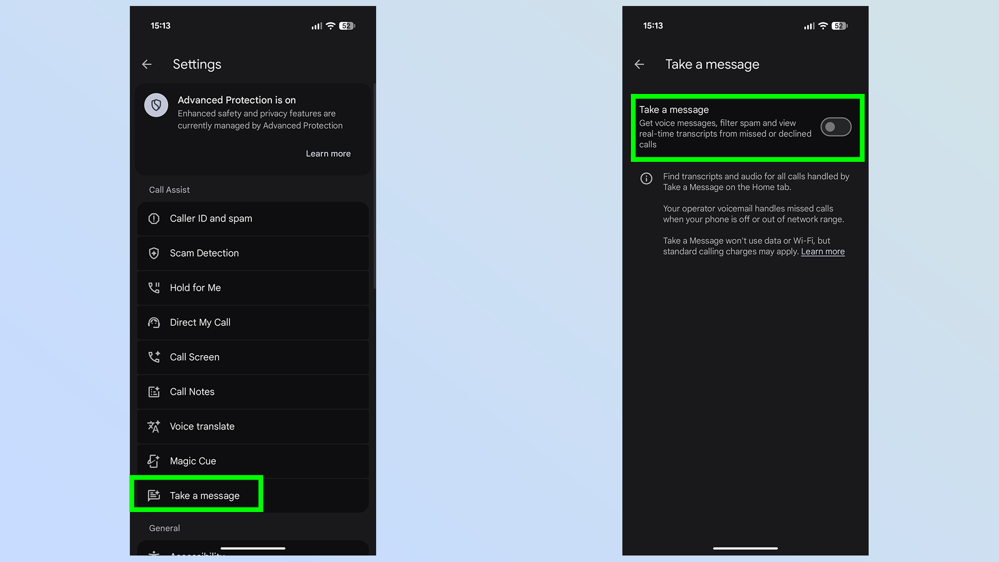 The 'Take a Message' toggle switch being flipped to the 'On' position in the Pixel settings menu.