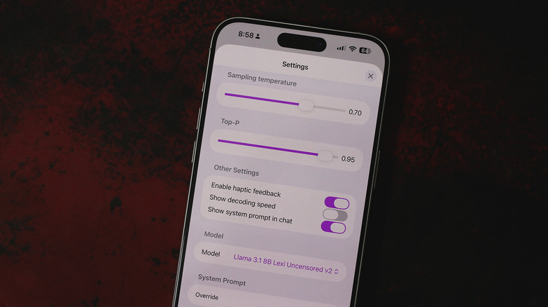 The internal settings interface of the Private LLM app showing model selection and RAM usage.
