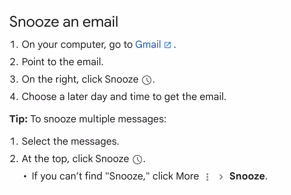 The Gmail snooze icon and menu being used to defer an email for later processing.