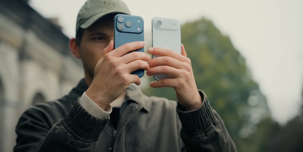 Comparison shot of the iPhone Air's single camera module versus the iPhone 17 Pro's triple-lens array.