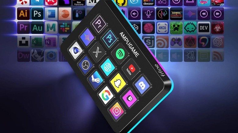 Close-up view of the Fifine Ampligame stream controller with illuminated buttons.