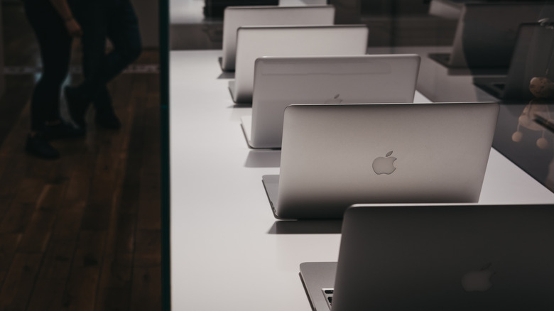 Several different generations of MacBook laptops lined up to show design differences.
