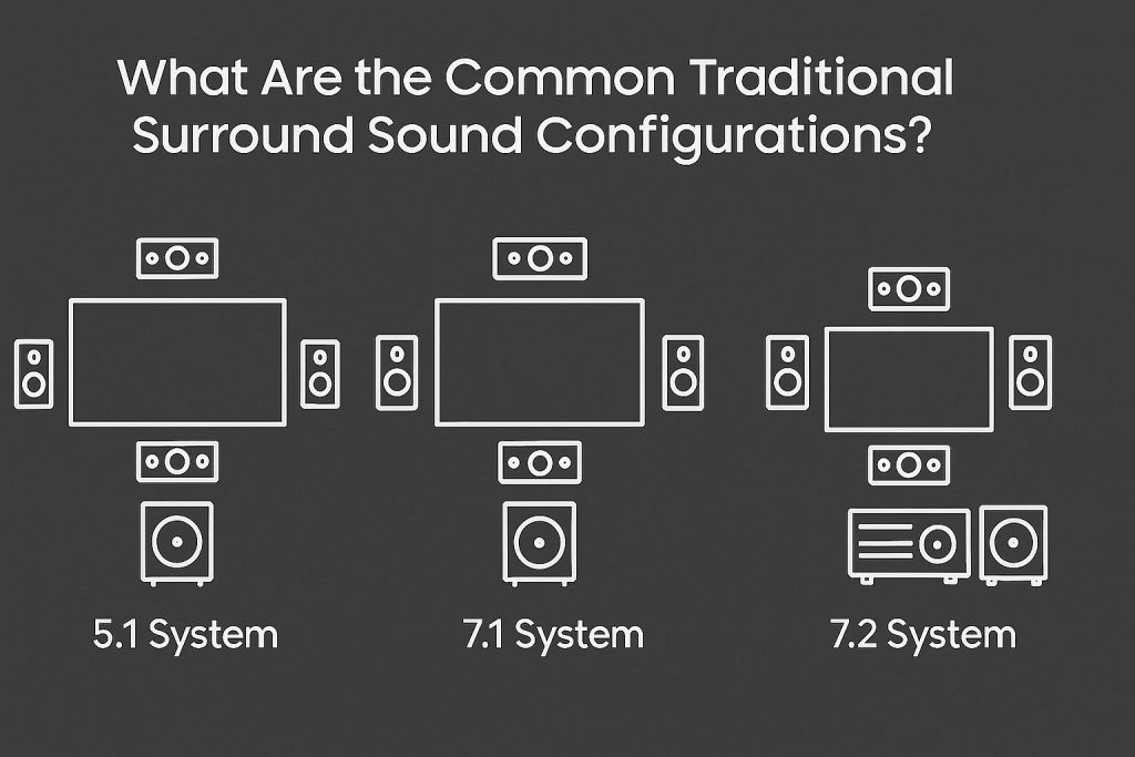 Technical diagram comparing speaker and subwoofer positioning for 5.1, 7.1, and 7.2 systems.