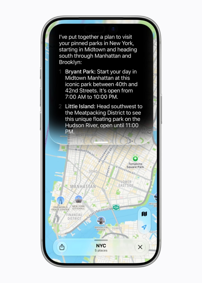 Personalized travel itinerary displayed by Siri AI on an iPhone 17 Pro screen.