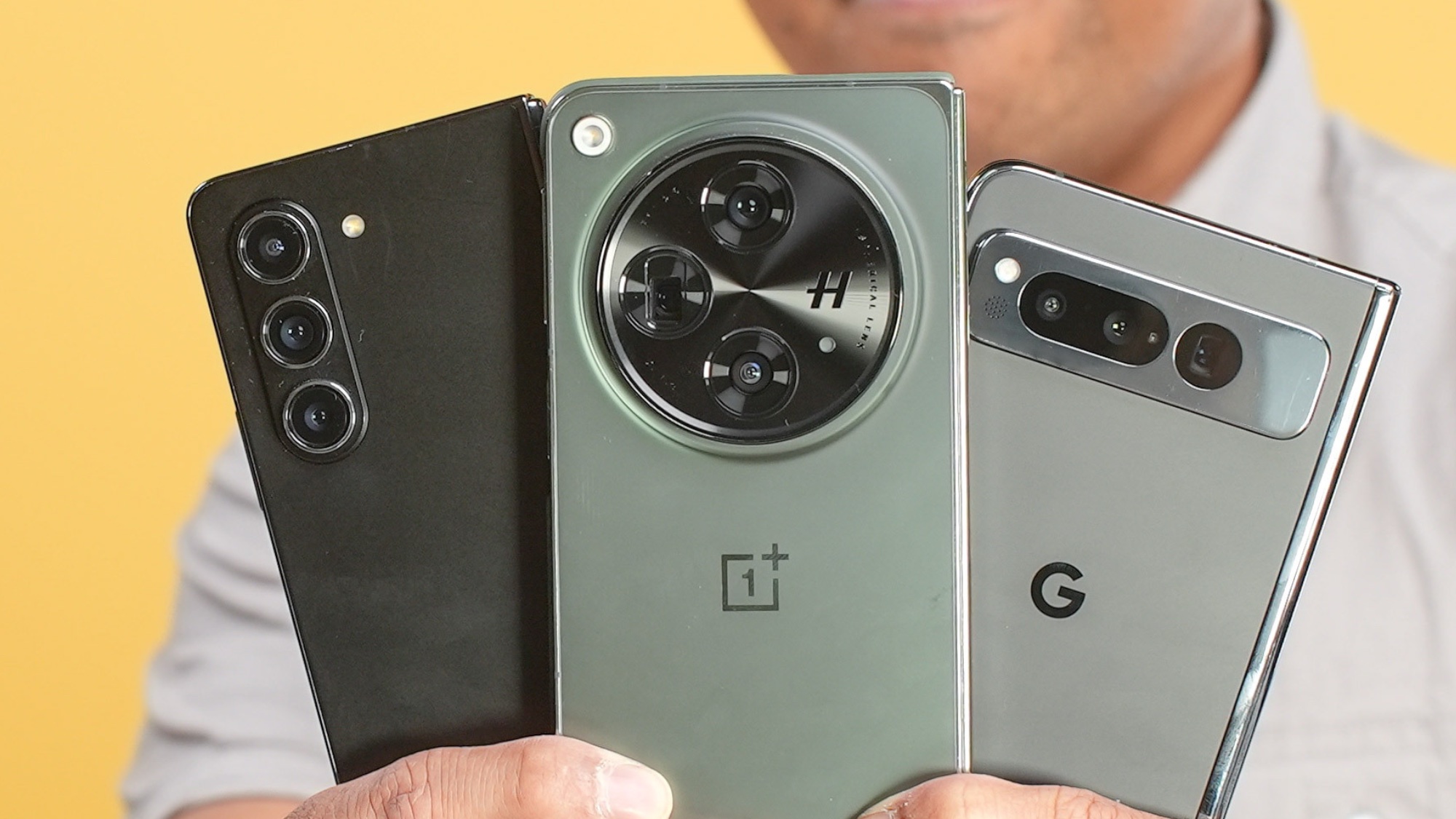 A comparison of camera modules and photos from the Galaxy Z Fold 5, OnePlus Open, and Pixel Fold.