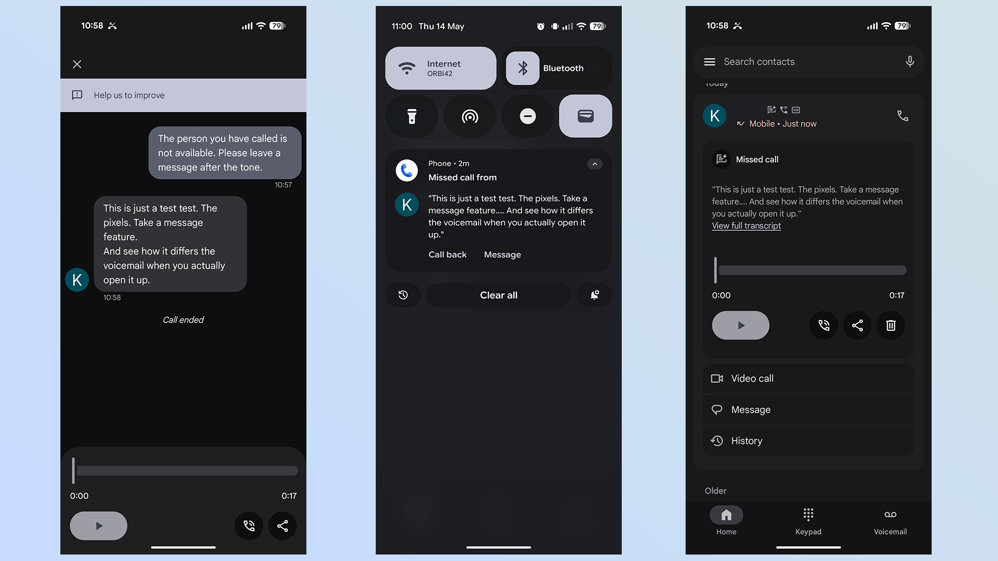 Pixel phone screen showing a live transcription of an incoming call being recorded as a message.
