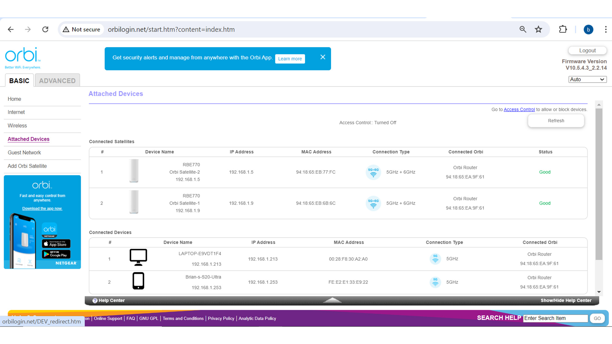 Smartphone screen displaying the Netgear Orbi app device manager and network settings.