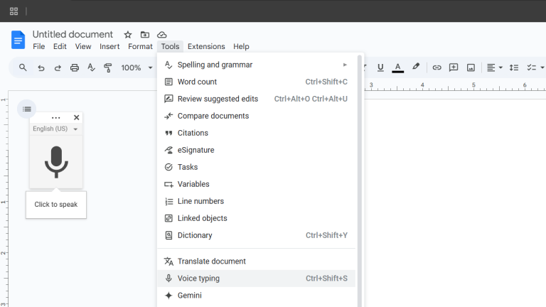 The Voice Typing menu and interface within a Google Docs browser window.