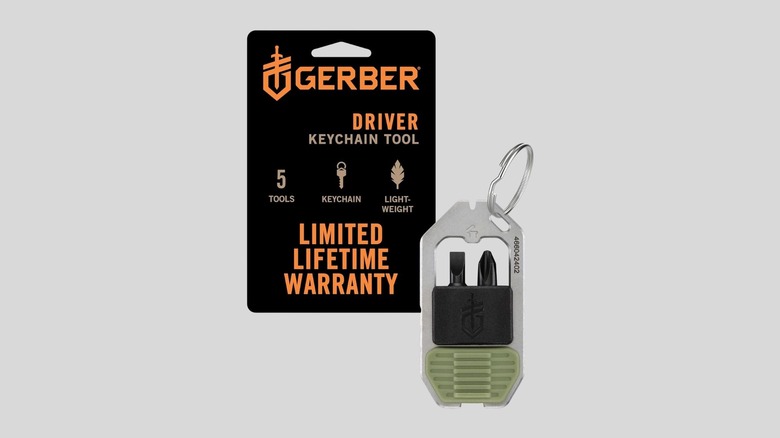 Close-up of the Gerber Gear Driver keychain tool showing its compact bit driver.