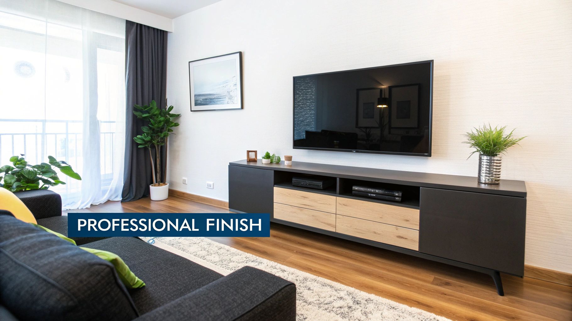 A professionally mounted TV with fully hidden cables and a matching soundbar setup.