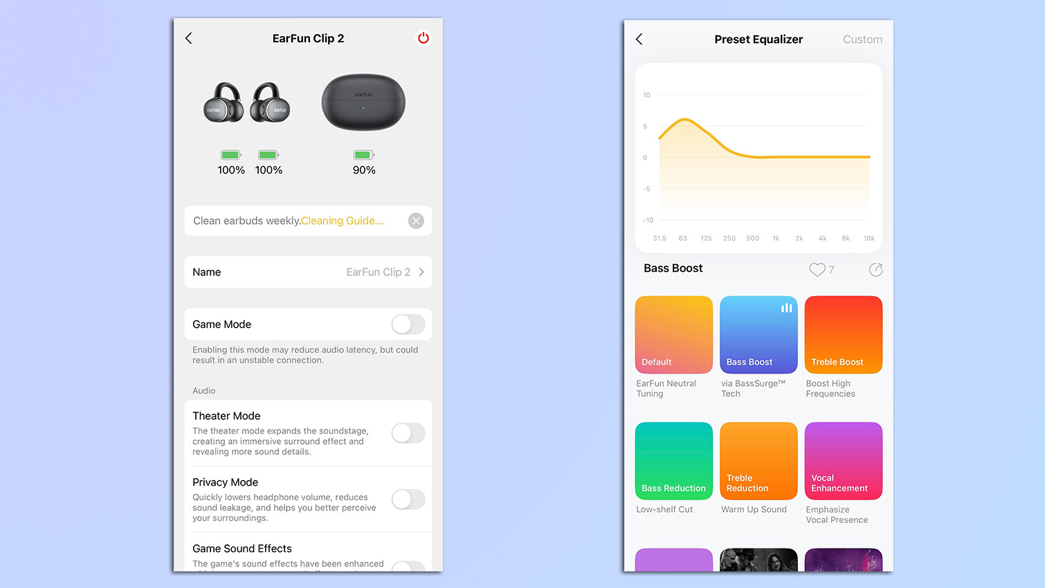Screenshots of the EarFun mobile app showing custom EQ settings and presets