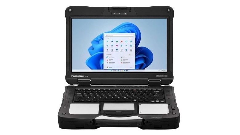 The rugged Panasonic Toughbook 40 Mk2 featuring a thick exterior and carrying handle.