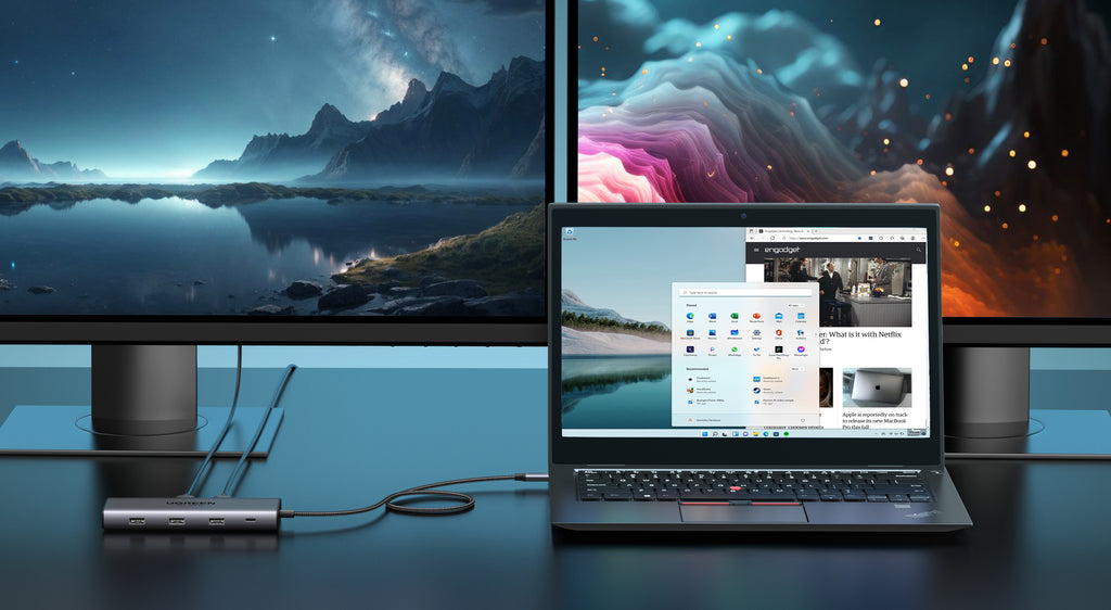 A group of various USB-C hubs and desktop docking stations side-by-side.