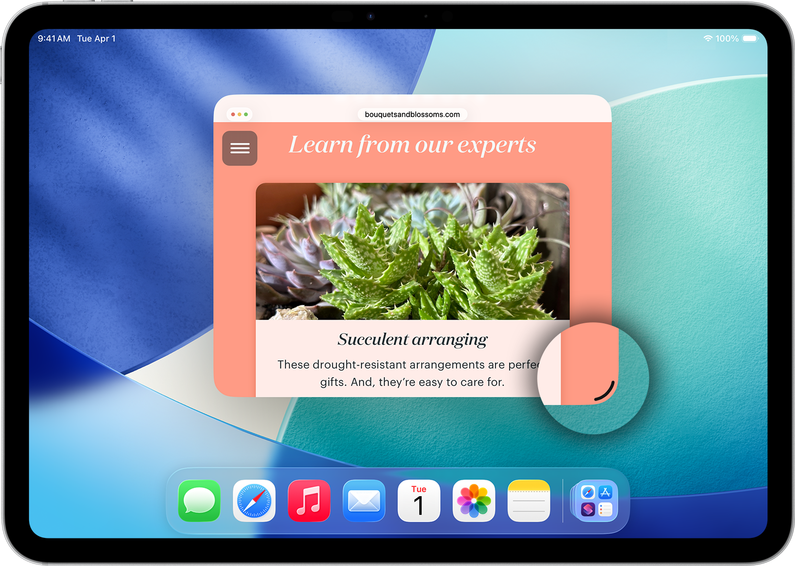 A user's finger interacting with a resizing handle on a Safari window in iPadOS 26.