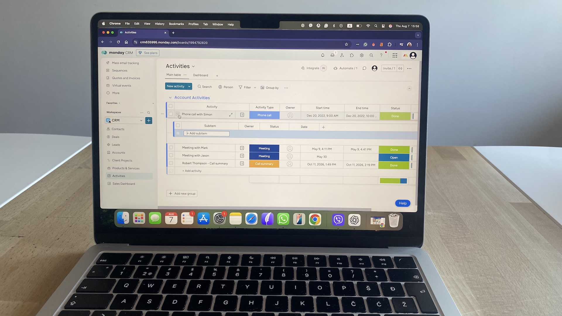 Account activity tracking timeline showing meetings and call logs.