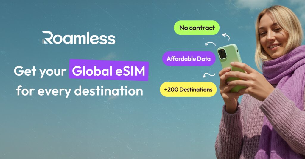 Marketing banner for Roamless global eSIM showing its availability for every destination.