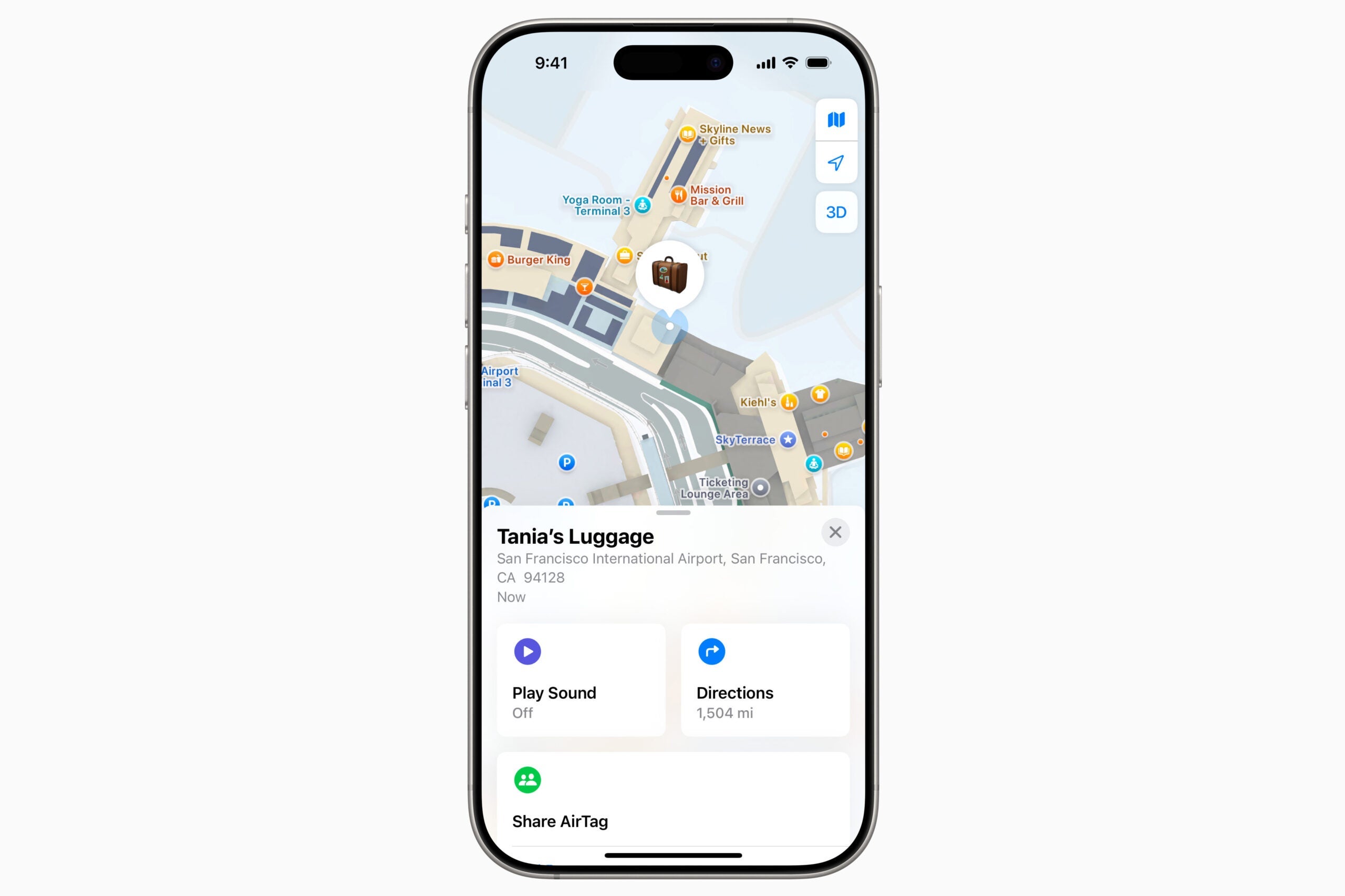 Find My app screen showing the option to share an item's location with a trusted contact.
