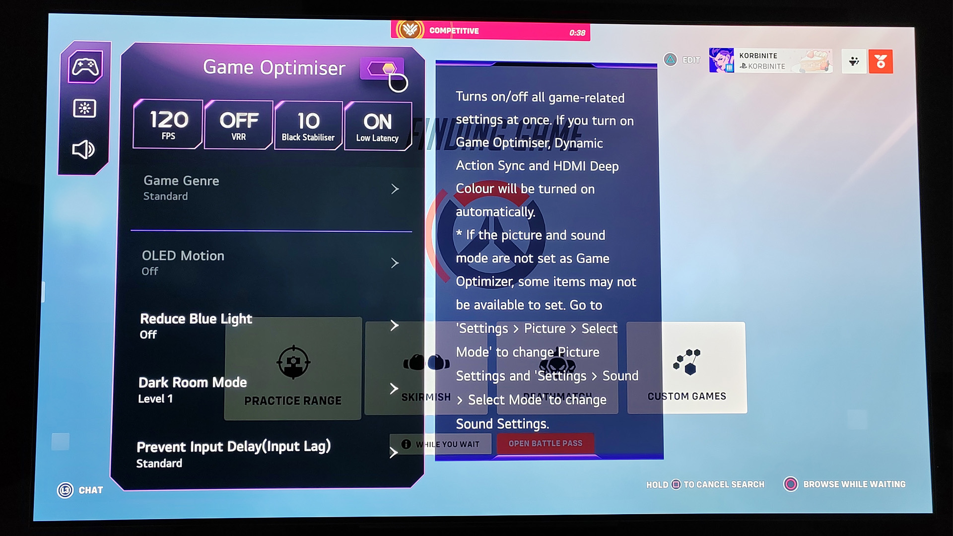 On-screen Game Optimizer menu on an LG OLED TV showing frame rate and latency settings.