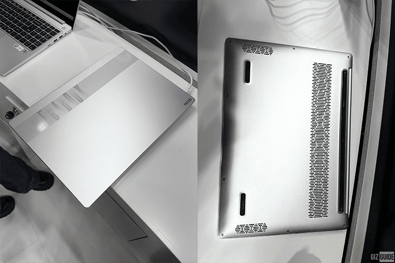 Top and bottom view of the Tecno Megabook T16 Pro chassis highlighting the clean design and cooling vents.