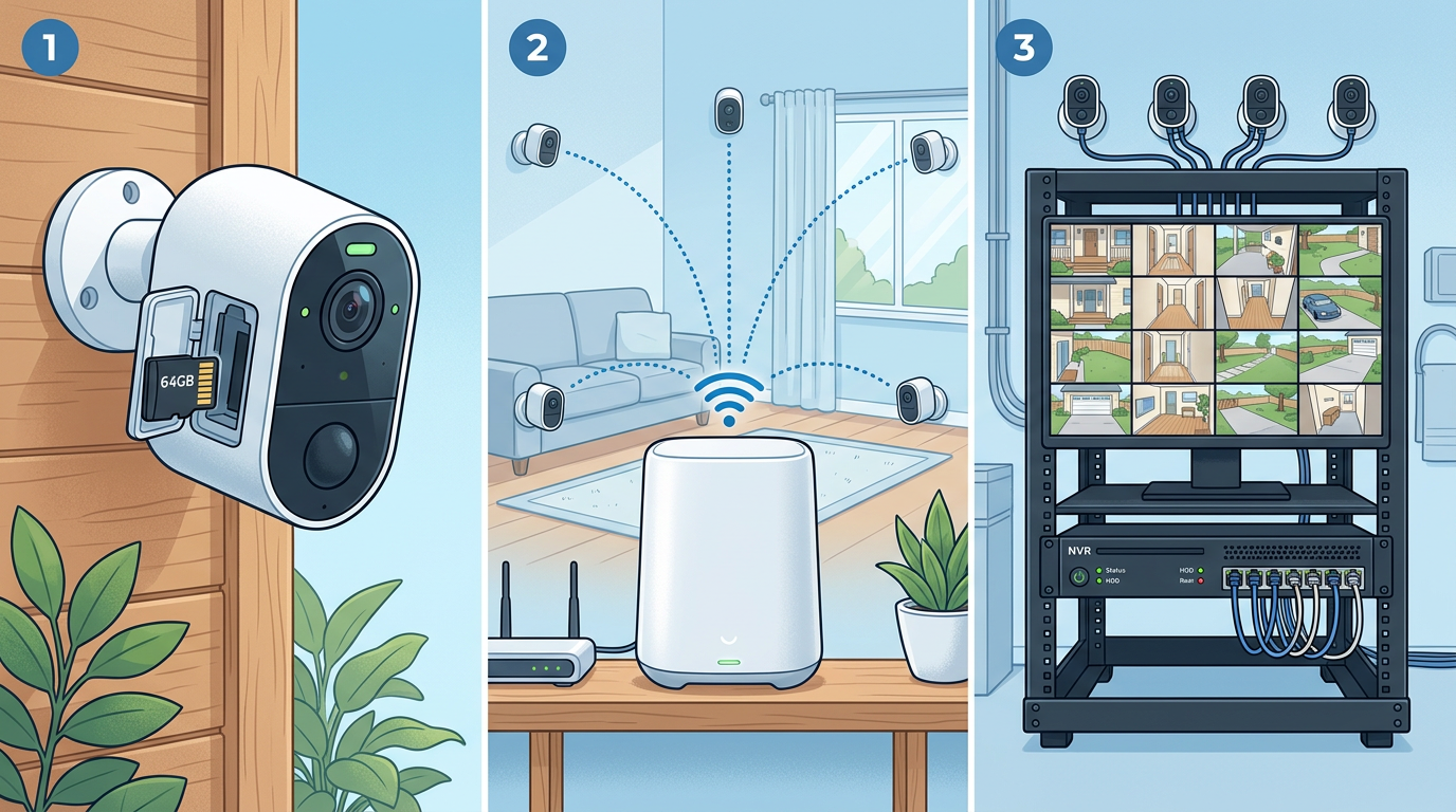 Comparison of a microSD card, a central HomeBase unit, and a rack-mounted NVR.