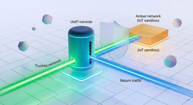 A list of stateful firewall rules in a network controller interface for IoT device security.