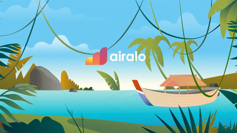 Airalo brand illustration featuring a tropical travel scene and the company logo.