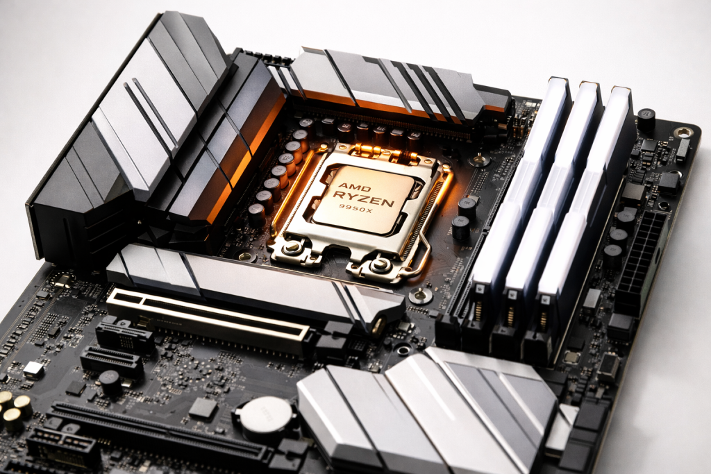 A close-up of an AMD Ryzen 9000 series processor installed in a modern AM5 motherboard socket.