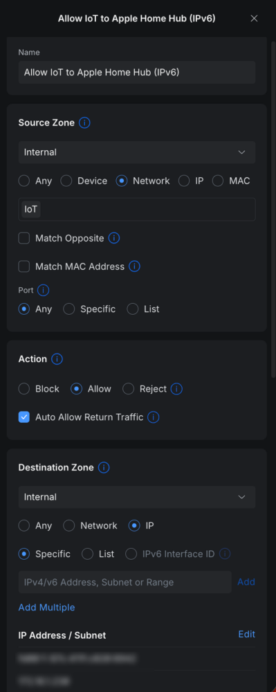 Firewall rule settings allowing specific IoT device status updates to reach the Apple Home Hub.
