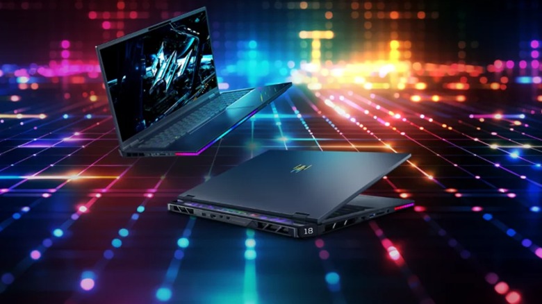 Two Acer Predator Helios 18 AI laptops with colorful lighting effects in the background.