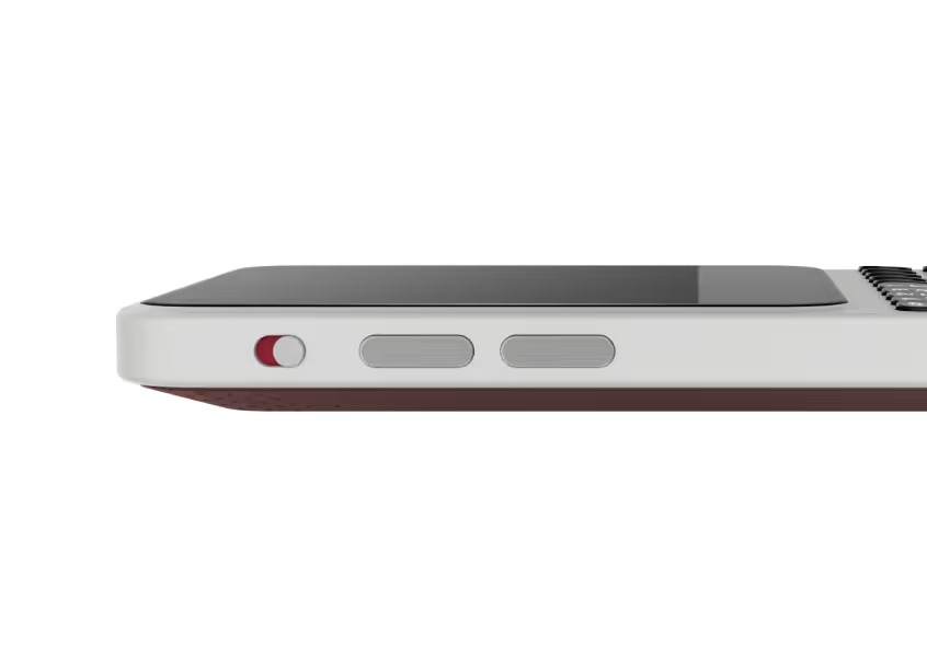 Side profile view of the Clicks Communicator highlighting its physical buttons and build thickness.