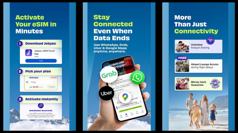 Jetpac mobile app screens showing data activation steps and travel benefit icons.