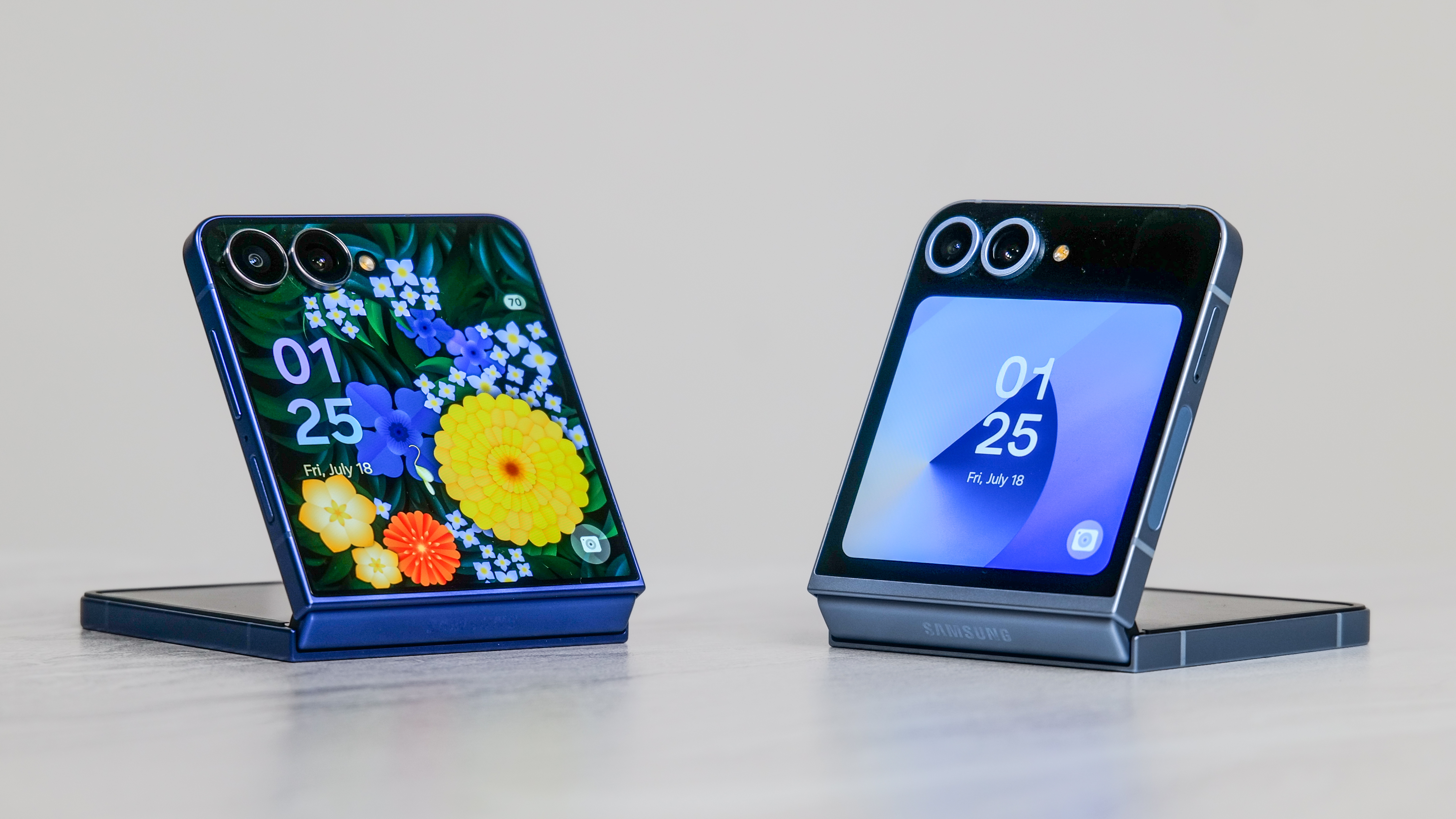 A side-by-side comparison of the Galaxy Z Flip 7 and Z Flip 6 when folded.