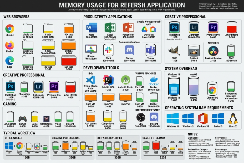 A data visualization chart showing the RAM usage of various modern applications in 2026.