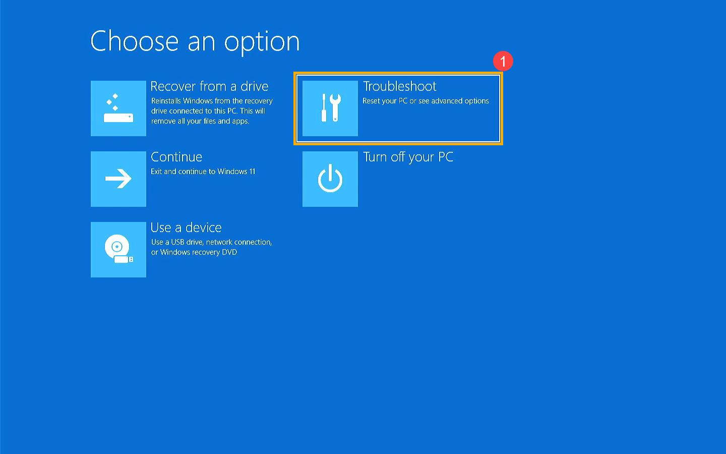 The blue Windows 'Choose an option' screen showing the Troubleshoot button.