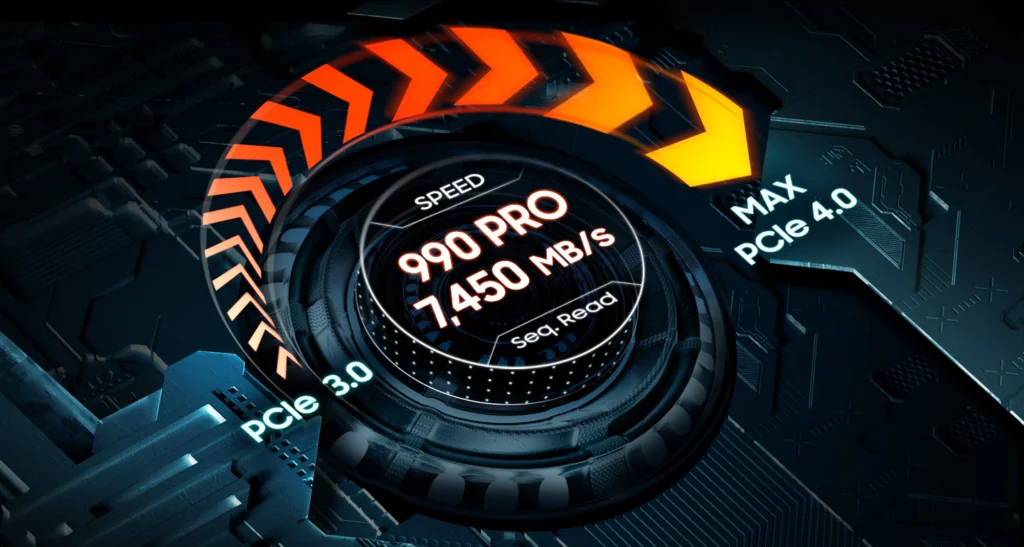 Performance benchmark chart showing Samsung 990 Pro read and write speeds.
