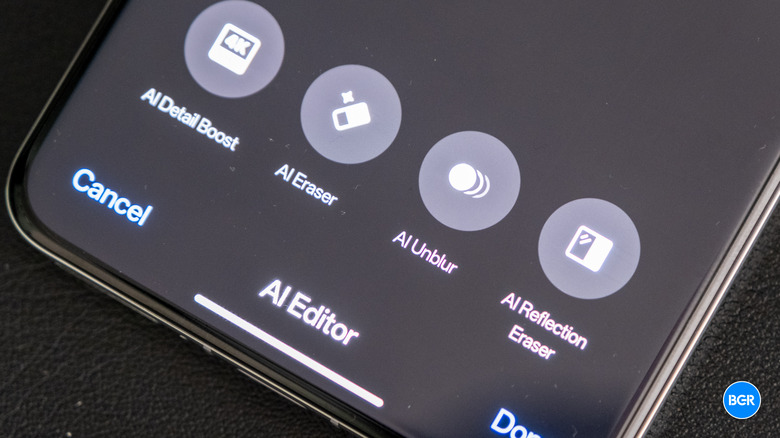 The OnePlus 13 screen showing AI image editing tools and photo enhancement options.