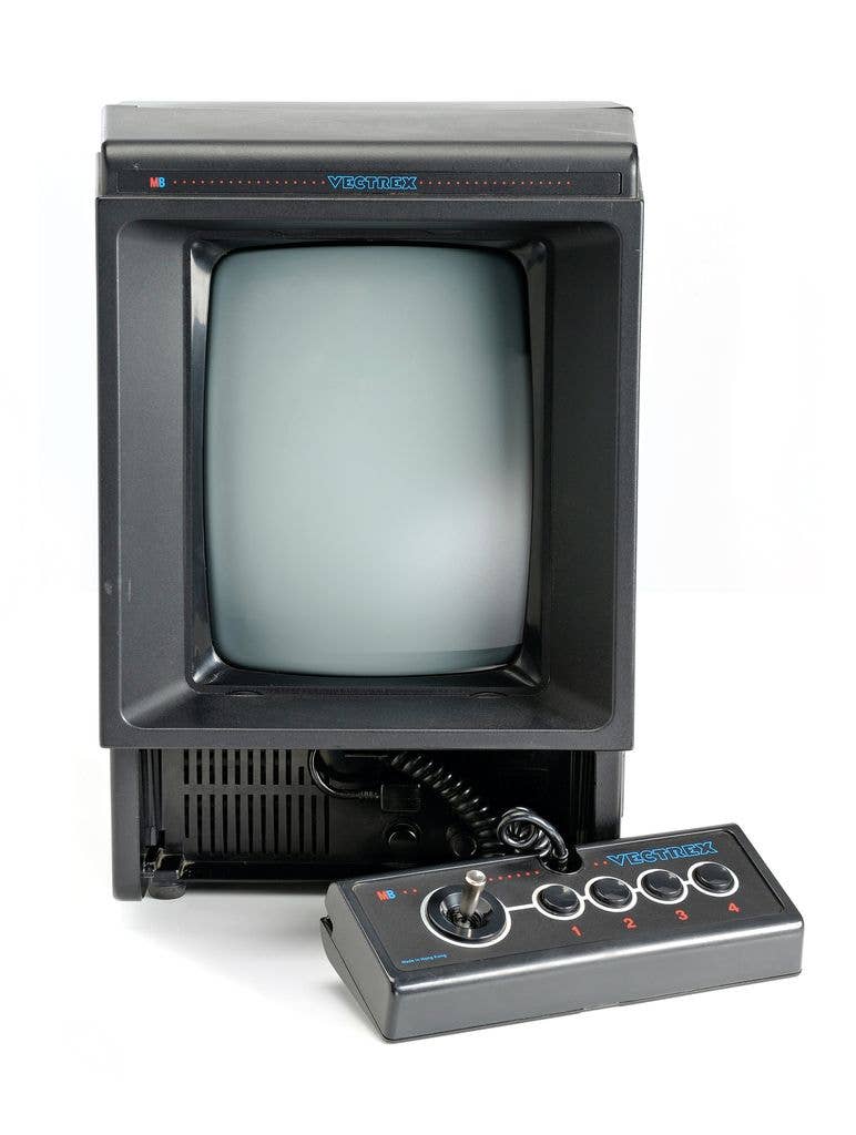 A vintage Vectrex console with its built-in vector graphics screen.