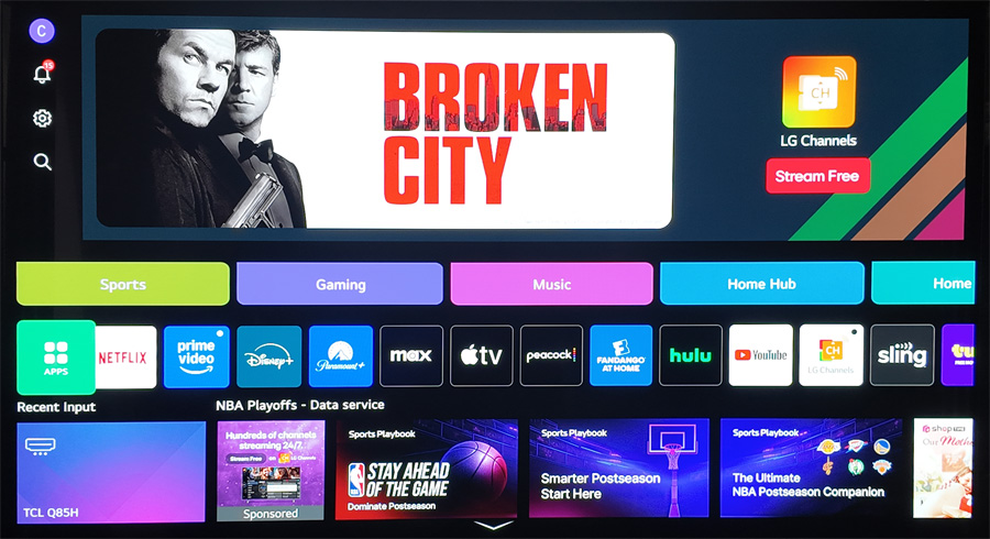 The LG WebOS 24 home screen showing various streaming apps and recommendations.