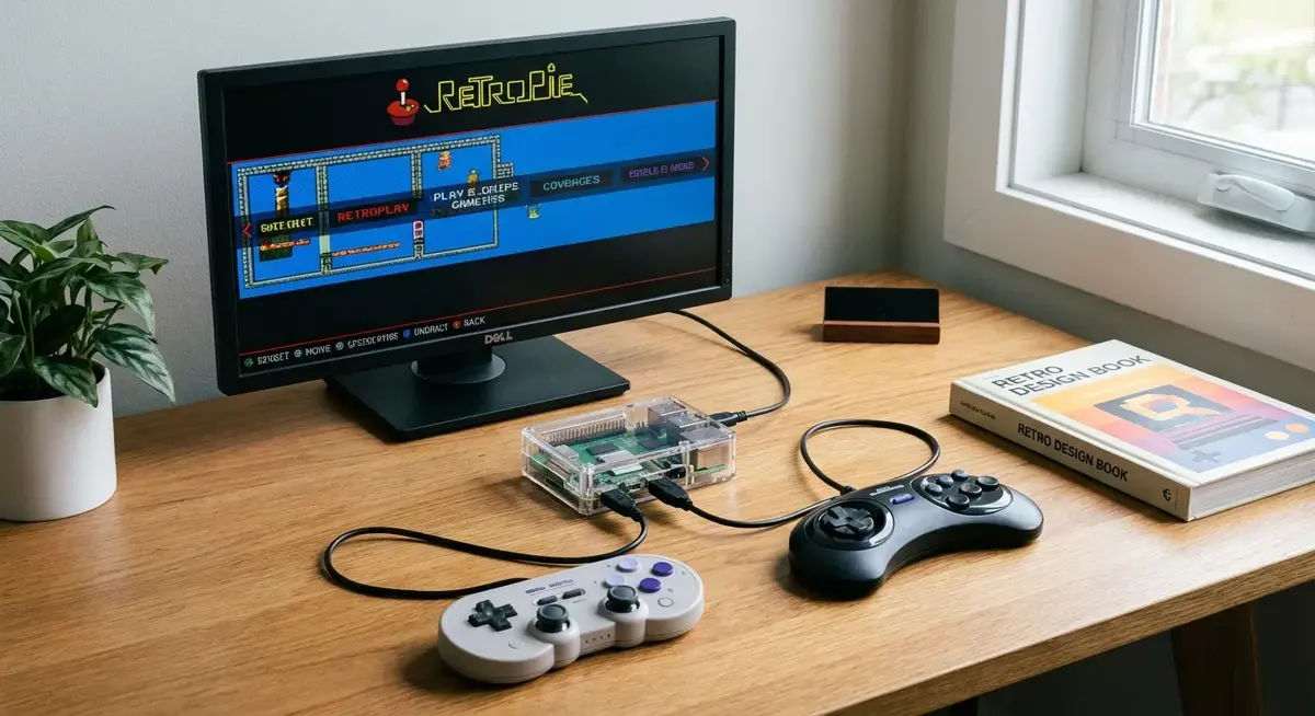 A Raspberry Pi 5 running a retro gaming emulator with classic style controllers attached.
