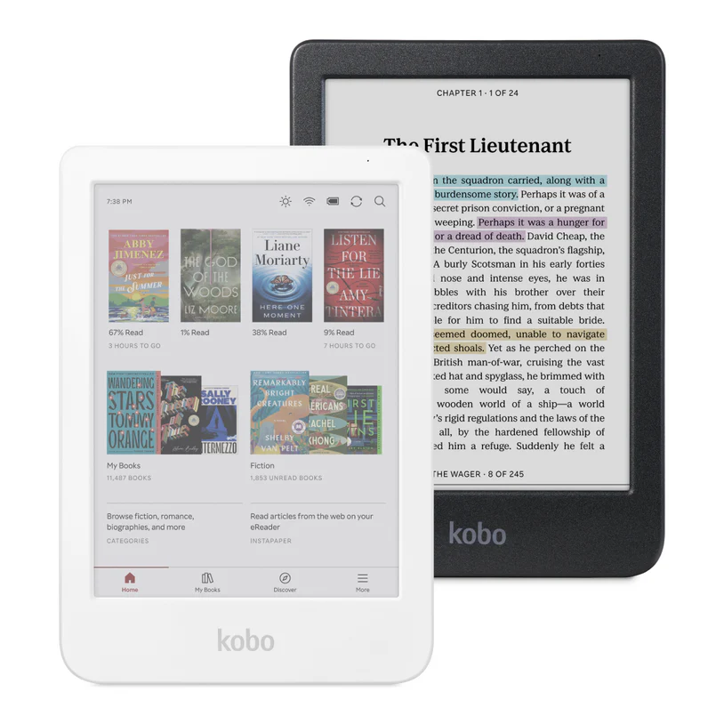 The Kobo Clara Colour e-reader displaying a colorful book cover on its E-ink screen.