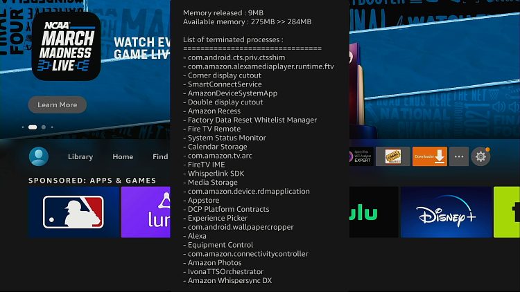 The Fast Task Killer app interface displayed on a Fire TV screen.