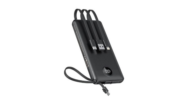 VEEKTOMX 20000mAh portable charger with its built-in charging cables visible.