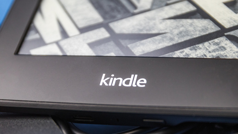 A close-up shot focusing on the Kindle Paperwhite logo on the back of the device.