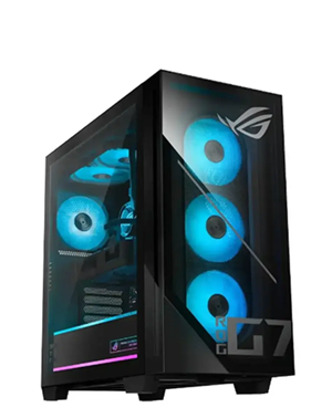 Side view of an ASUS ROG gaming desktop featuring a glass case and internal RGB components.