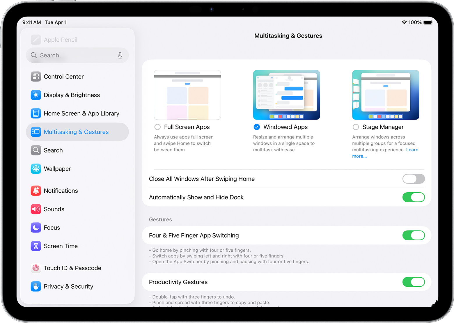 iPad settings menu showing the multitasking and gestures toggle options.