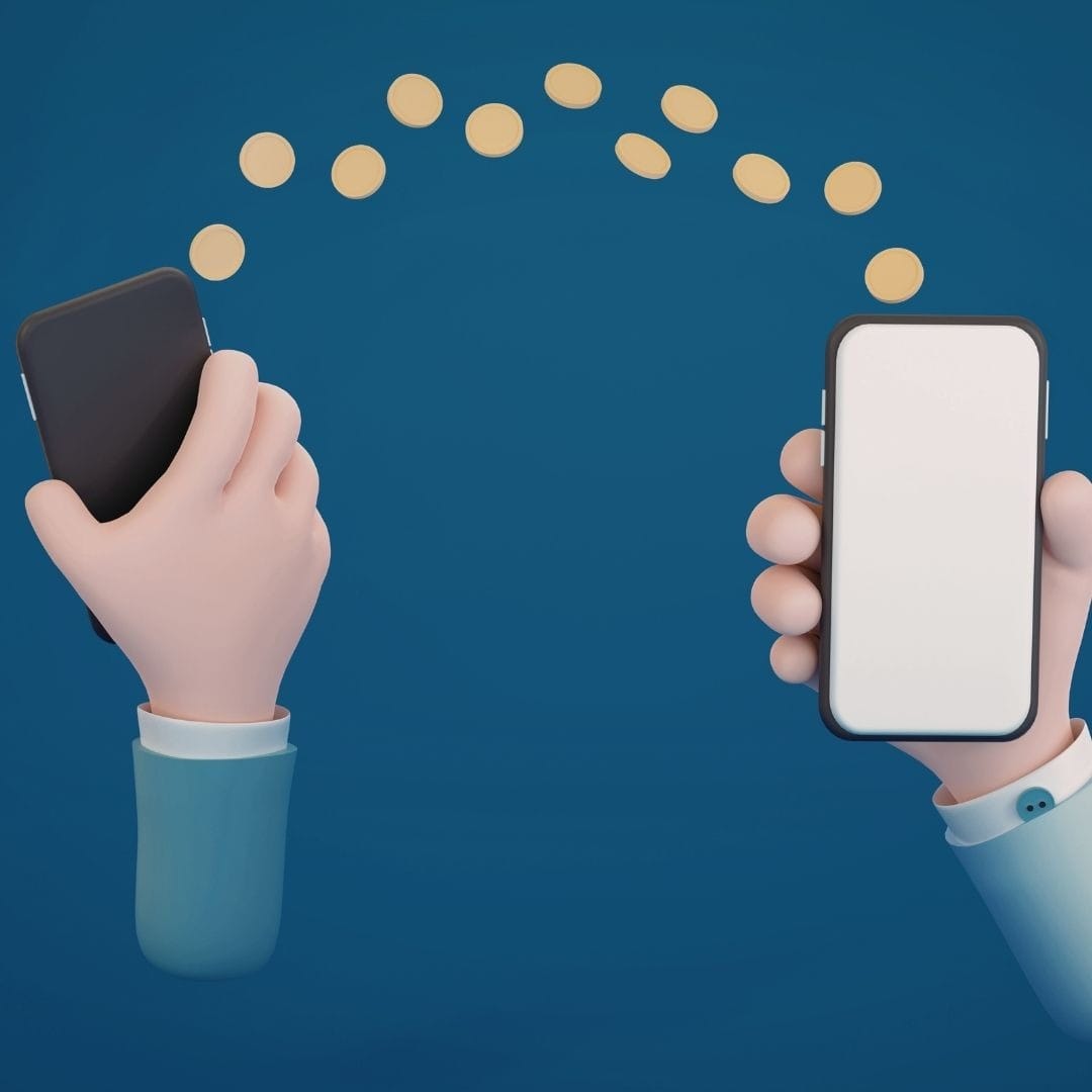 Graphic showing the transfer of a digital SIM profile between two smartphones.