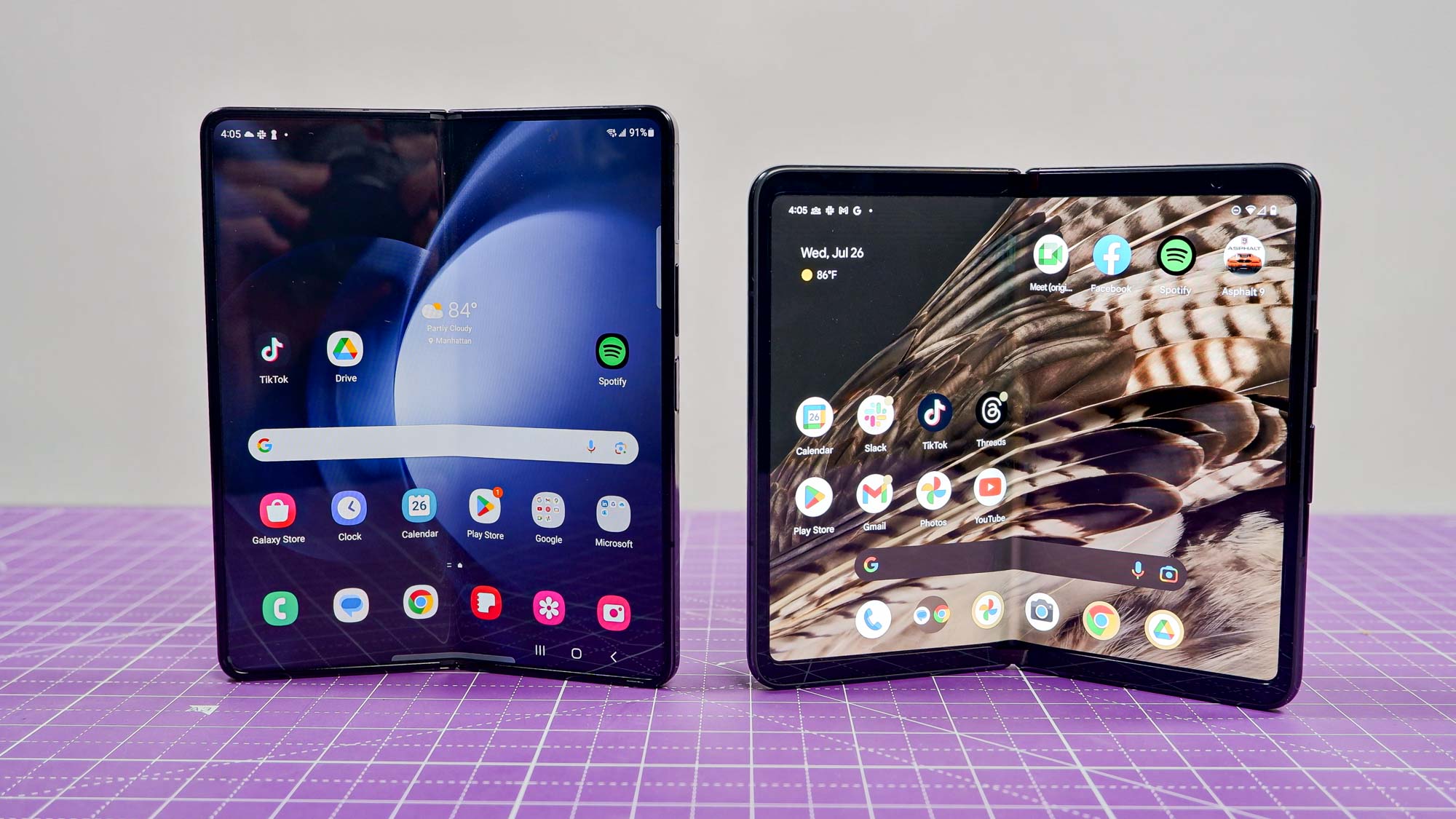 Samsung Galaxy Z Fold 5 placed side-by-side with the Google Pixel Fold.