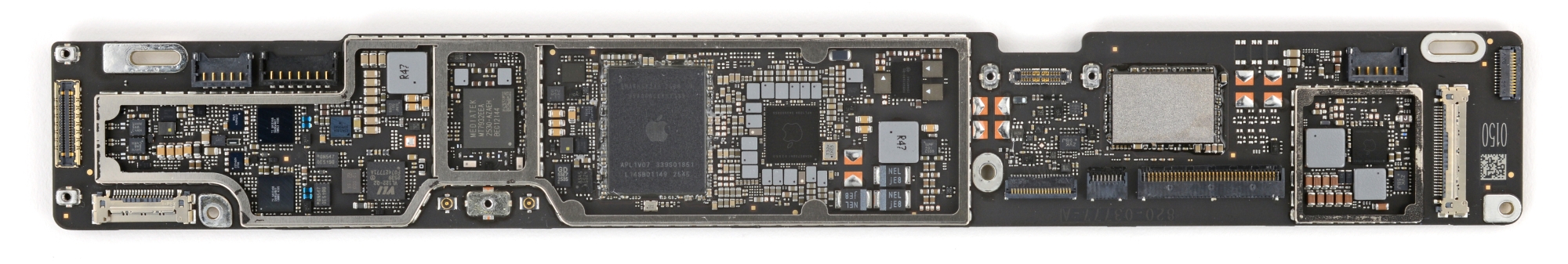 The MacBook Neo logic board featuring the A18 Pro chip.